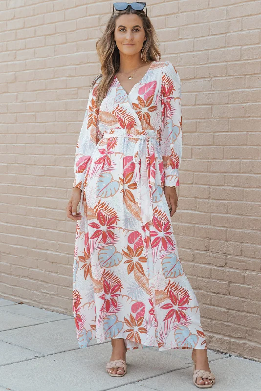 Stock Up and Save Tropical Plant Print Long Sleeve Wrap V-Neck Slit Maxi Dress