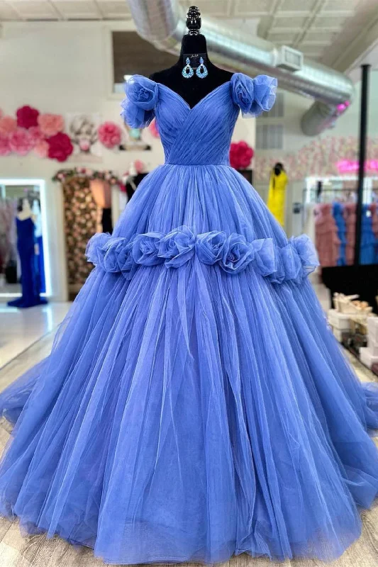 Clearance Items off-the-shoulder dressBijou Blue Flowers Off-Shoulder A-line Tulle Long Prom Dress