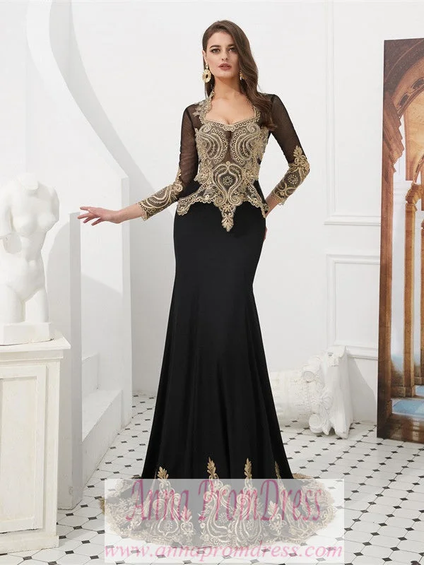 Don't Wait Long Sleeve Prom Dresses V-neck Mermaid Cape Black Prom Dress Fashion Evening Dress JKL1609