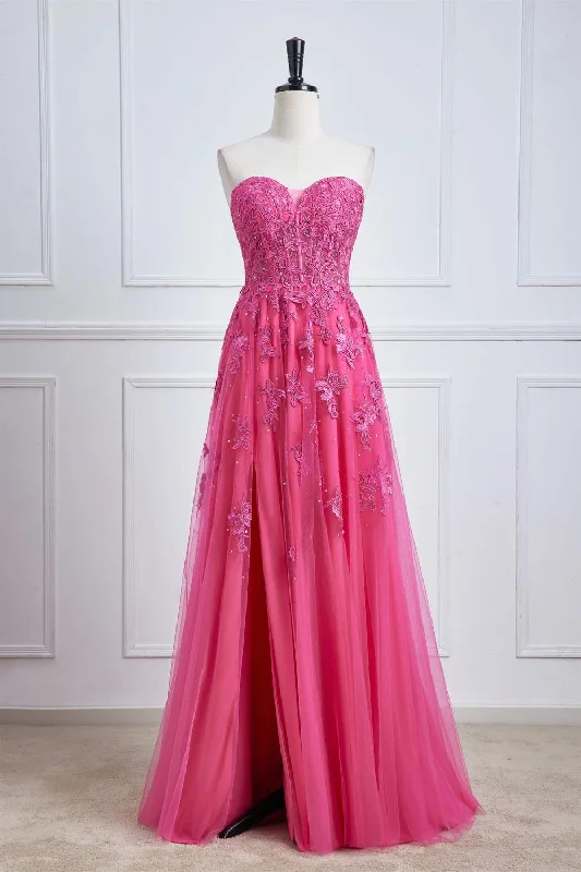 Season Finale Sale floral midi dressHot Pink Strapless A-line Floral Long Prom Dress with Slit