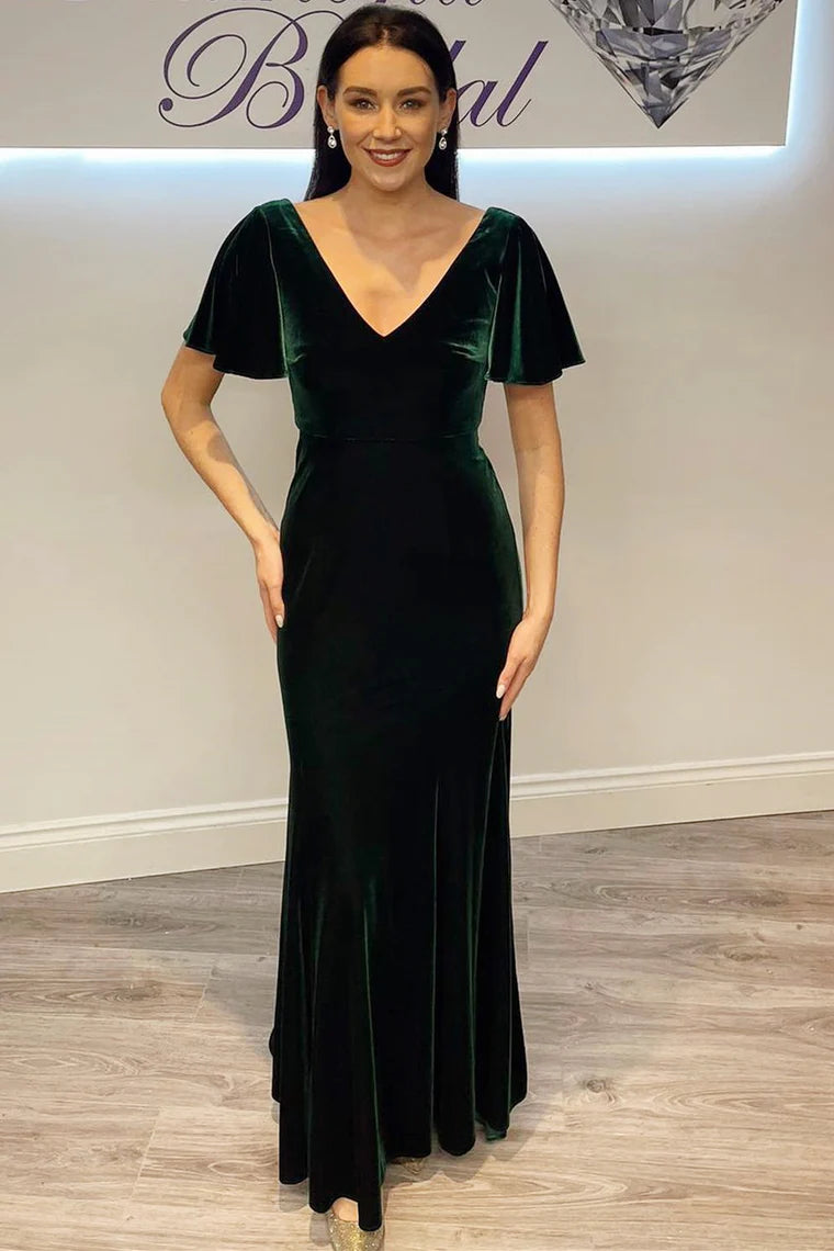 Epic Deals elegant dressVelvet V-Neck Short Sleeves Mermaid Bridesmaid Dress