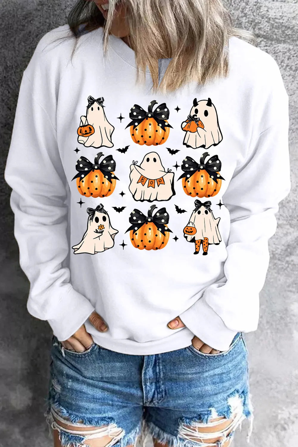 Factory Direct Sale cool graphic hoodiebreathable workout hoodiePumpkin & Ghost Round Neck Long Sleeve Women's Graphic Sweatshirt