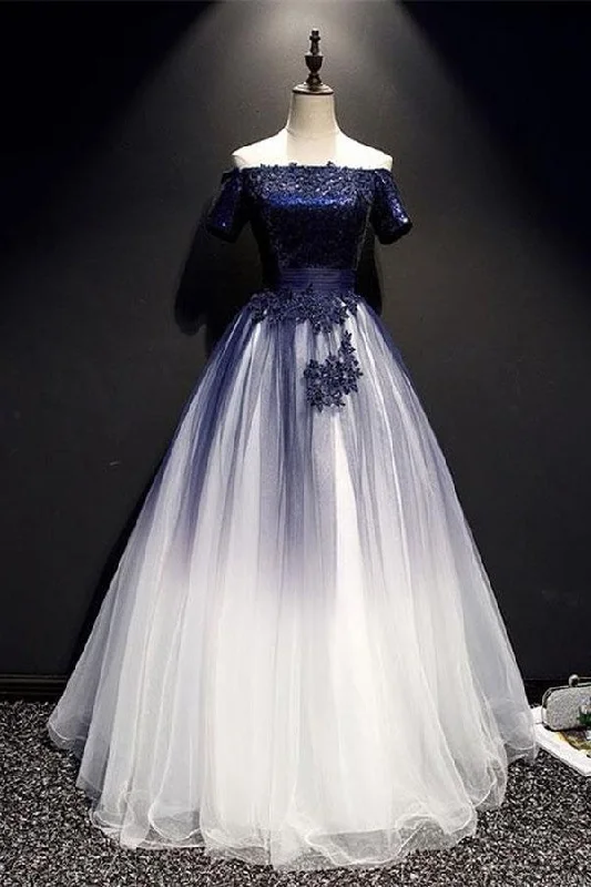 Limited Edition Modest Royal Blue Long Flowy Evening Prom Dresses With Lace Appliques