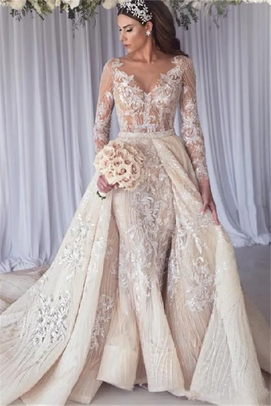 Blowout Sale Modern Long Sleeves Lace Mermaid Overskirt Wedding Dress Bridal Gowns