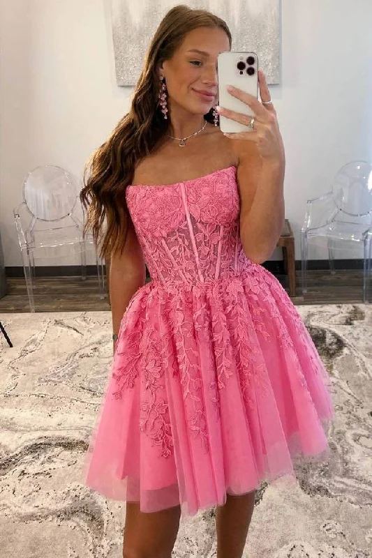 Grand Opening Sale velvet dressHot Pink A-Line Tulle Lace Homecoming Dress with Appliques