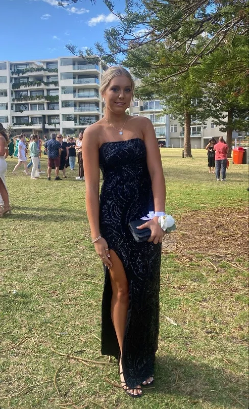 Stock Clearance midi dressSequin Sparkling Sheath/Column Navy Blue Prom Dress with Split  Y4181