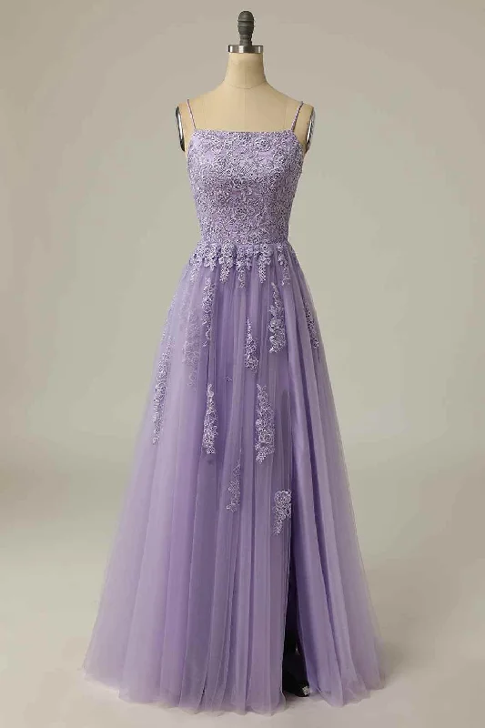 Lowest Prices shift dressLilac A-line Lace-Up Back Tulle Embroidery Slit Long Prom Dress