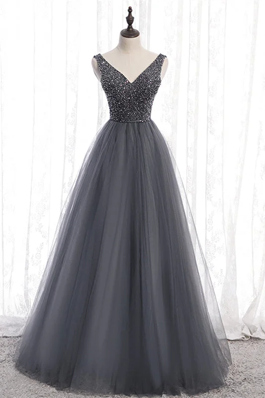 Midnight Madness trendy mini dressGrey A-line Beaded Top V Neck Tulle Maxi Formal Dress Midnight Madness trendy mini dressGrey A-line Beaded Top V Neck Tulle Maxi Formal Dress