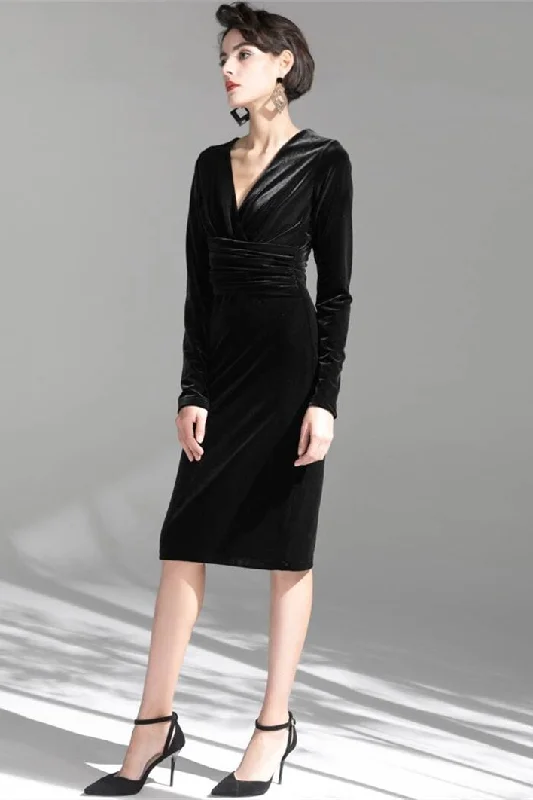 Best Deals ruffle dressLong Sleeves Black Velvet Knee Length Dress