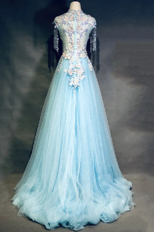 Early Bird Discount Modest Square Neckline Beading Appliques Sky Blue Long Prom Dresses Pageant Gown