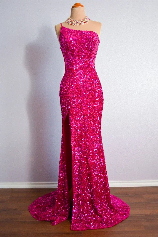Markdowns mini dressFuchsia Mermaid One Spaghetti Strap Sparkly Long Formal Dress