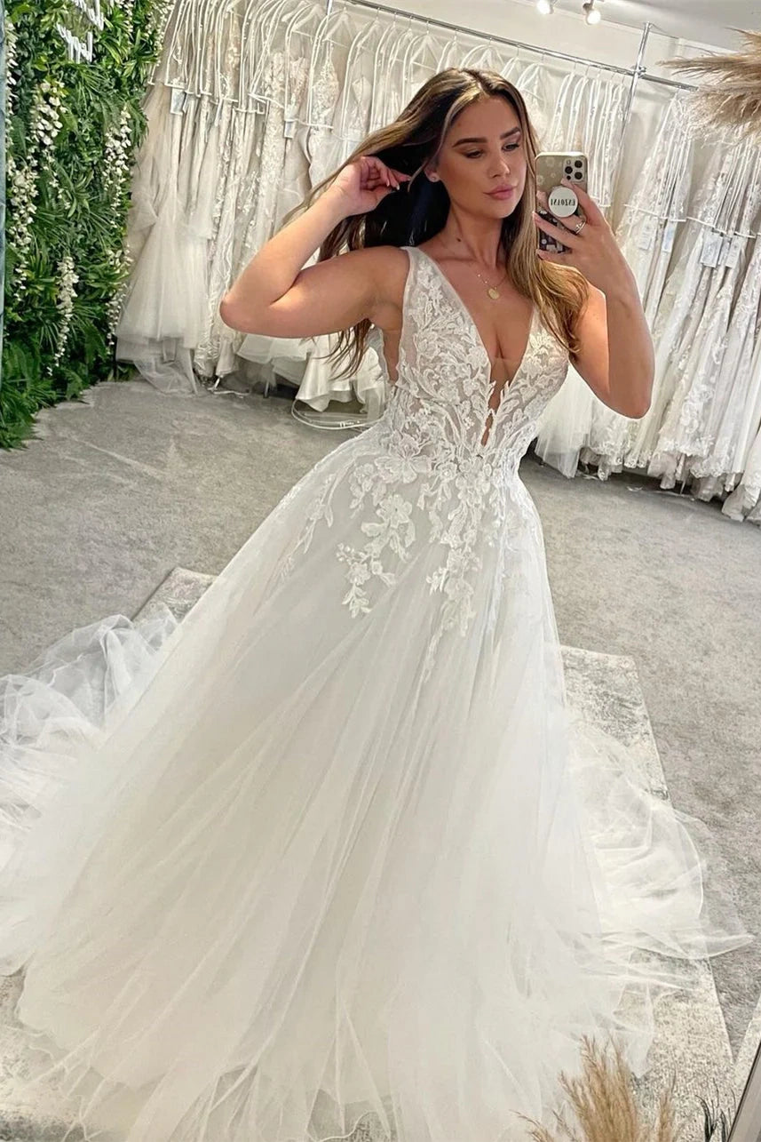 Deep Discounts trendy mini dressDeep V-Neck Open Back Tulle A-Line Wedding Dress