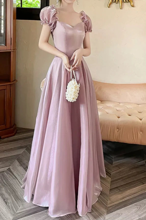 Act Fast satin midi dressShort Sleeves A-Line Empire Long Bridesmaid Dress