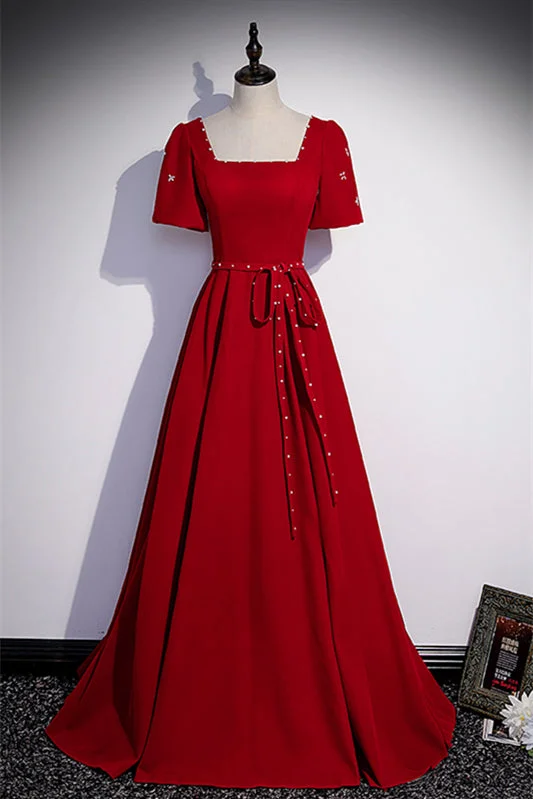 Major Savings A-line dressRed Square Neck Bow Cut-Out Back Beaded Long Formal Dress with Sash Major Savings A-line dressRed Square Neck Bow Cut-Out Back Beaded Long Formal Dress with Sash