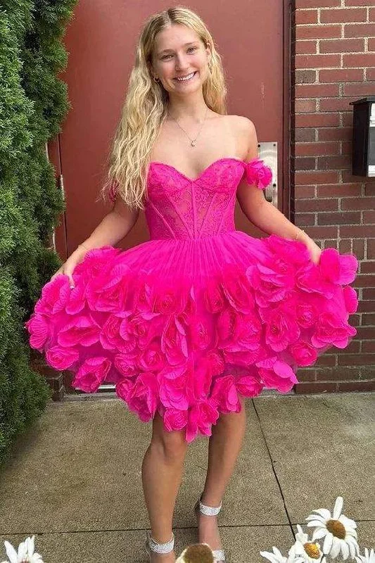 Unmissable Offer long sleeve dressA-Line Off the Shoulder Pink Satin Homecoming Dresses with Flowers