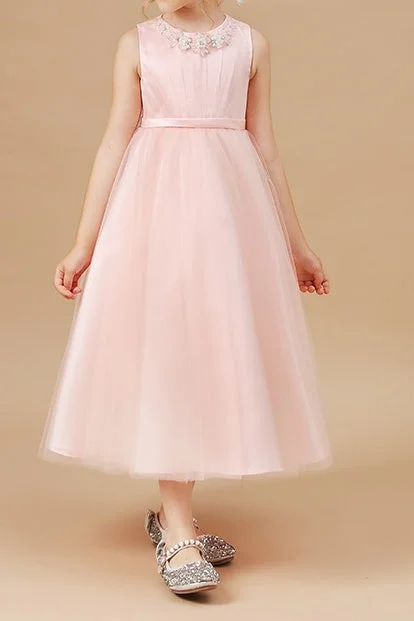 Special Discount A-line dressPink Tulle A-Line Round Sleeveless Flower Girl Dress