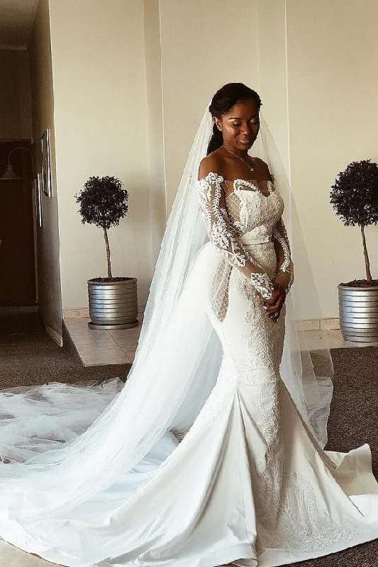 Great Deals Off The Shoulder Floral Appliques Mermaid Wedding Dresses Long Sleeves Pleated Bridal Gowns