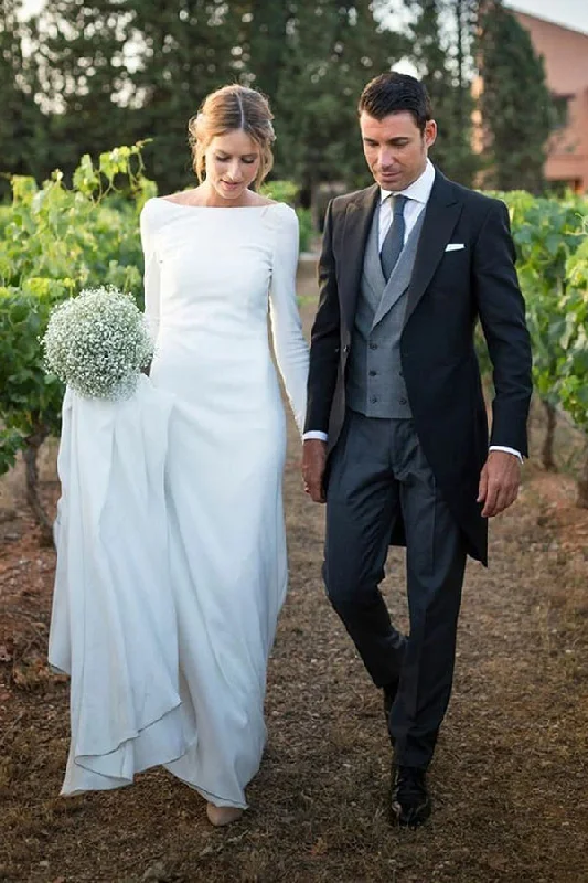 Warehouse Sale Classic White Bateau Long Sleevess Simple Wedding Dress