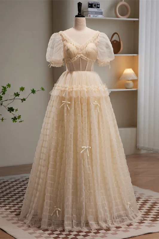 Price Blitz vintage dressChampagne V Neck Puff Sleeves Beaded Ruffles Long Prom Dress