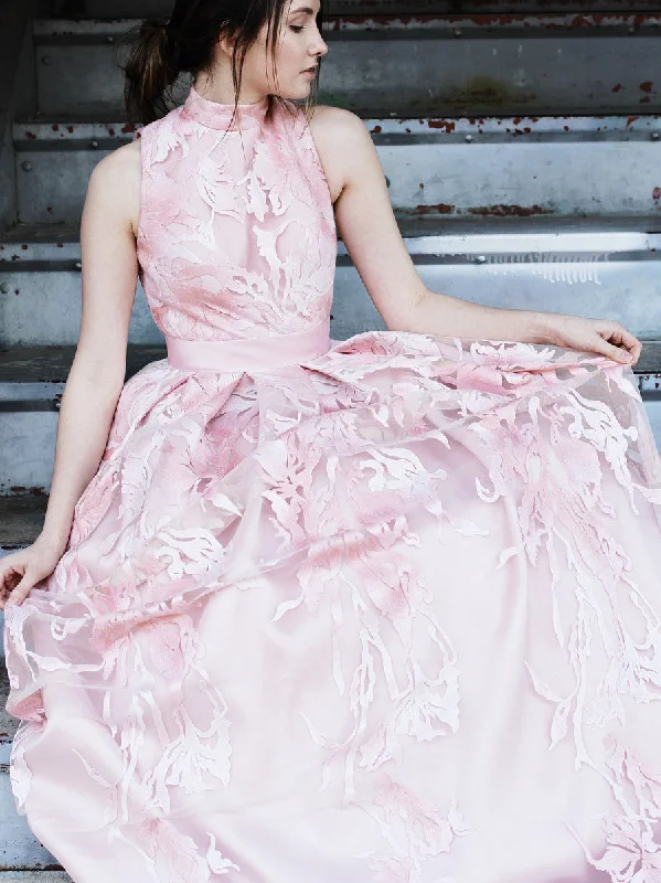 Deal Dash Pink Prom Dresses A-line High Neck Long Lace Prom Dress Charming Evening Dress JKL1477