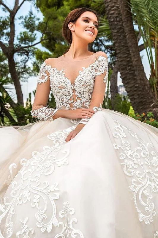 Don't Wait Classic Illusion neck Long Sleevess lace appliques ivory wedding dress