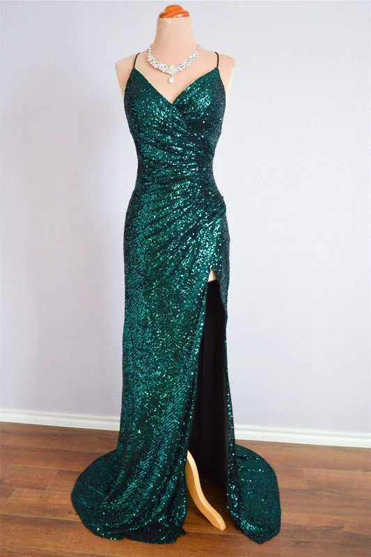 Hot Deal bodycon dressPeacock Green Mermaid Spaghetti Strap Sparkly Backless Slit Long Formal Dress