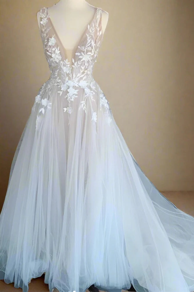 Best Seller formal dressChic Tulle A-Line V-Neck Sleeveless Appliques With Train Wedding Dress Best Seller formal dressChic Tulle A-Line V-Neck Sleeveless Appliques With Train Wedding Dress