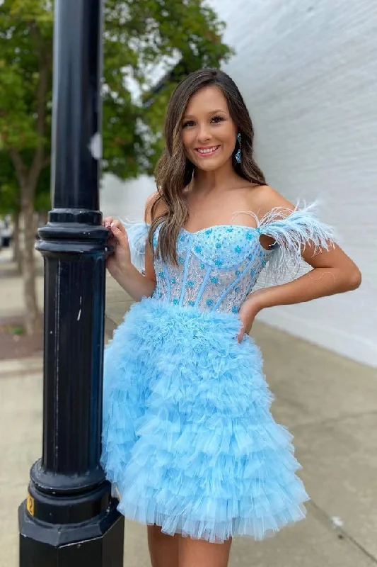 Price Cut elegant shift dressLight Blue Glitter V-neck Short Tulle Homecoming Dress