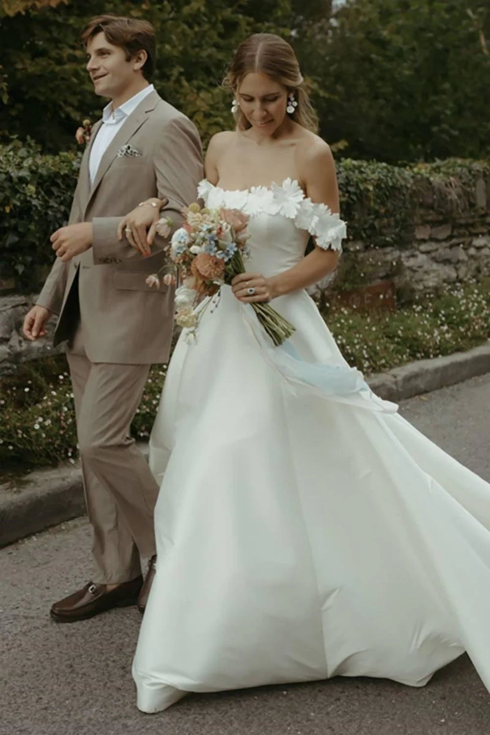 Take Advantage party dressBateau Off-Shoulder A-Line Satin Long Wedding Dress