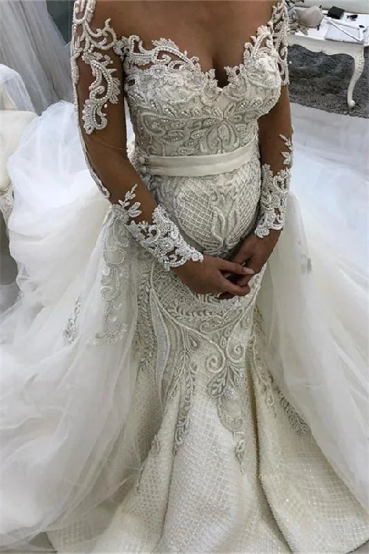 Amazing Deals Glamorous Long Sleeves Lace Tulle Wedding Dresses New Arrival Ruffless Mermaid Bridal Gowns