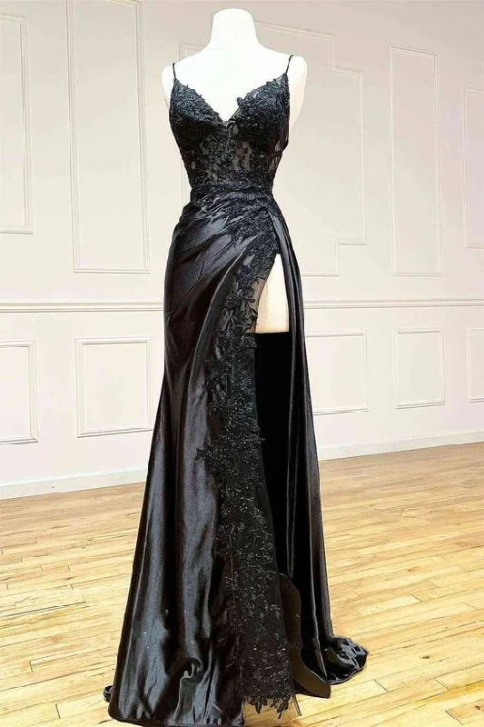 Special Discount backless dressBlack Long Appliques Prom Dress with Spaghetti Straps Y4344