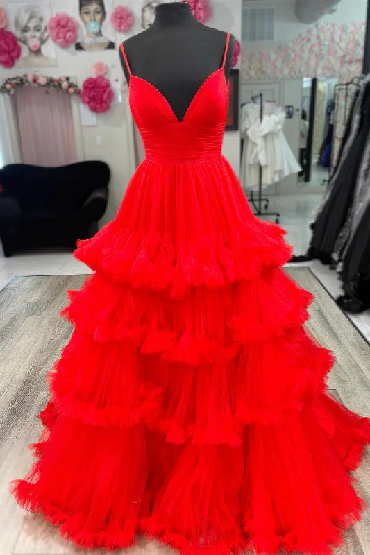 Extra Savings elegant shift dressRed Ruffle Layers A-line Spaghetti Straps Deep V Long Prom Dress