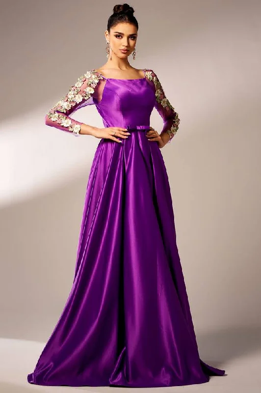 Shop and Save satin midi dressSquare Long Floral Sleeves A-Line Party Evening Dress