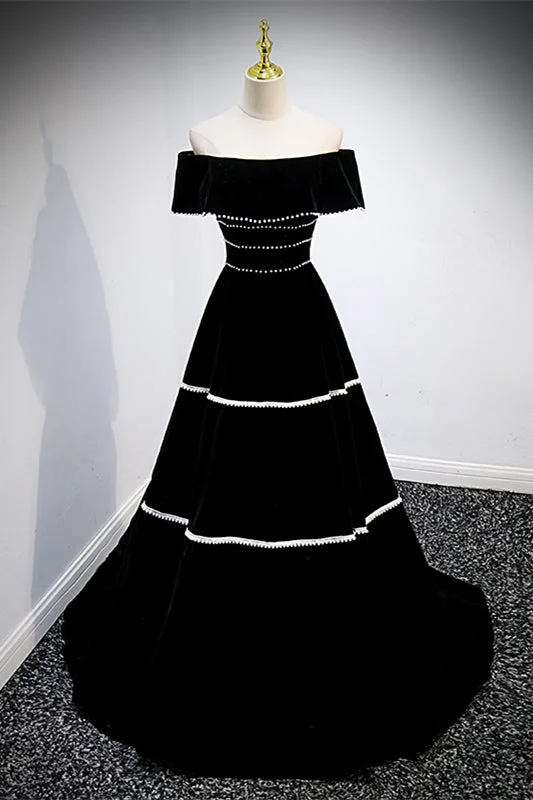 Members Only evening dressBlack Velvet Off-the-Shoulder Beaded Lace-Up Back Long Formal Dress Members Only evening dressBlack Velvet Off-the-Shoulder Beaded Lace-Up Back Long Formal Dress