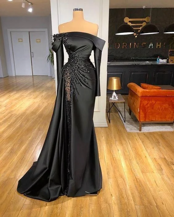 Seasonal Clearance sleek dressblack satin long prom dress mermaid evening dress  Y80