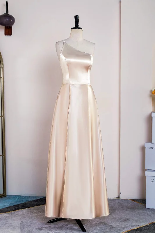 Online Exclusive sleek dressChampagne One Shoulder A-line Satin Knee-Length Bridesmaid Dress