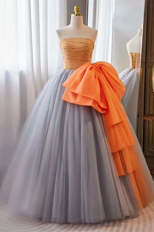 Instant Savings boho-chic dressGrey Strapless A-line Tulle Long Prom Dress with Orange Bow
