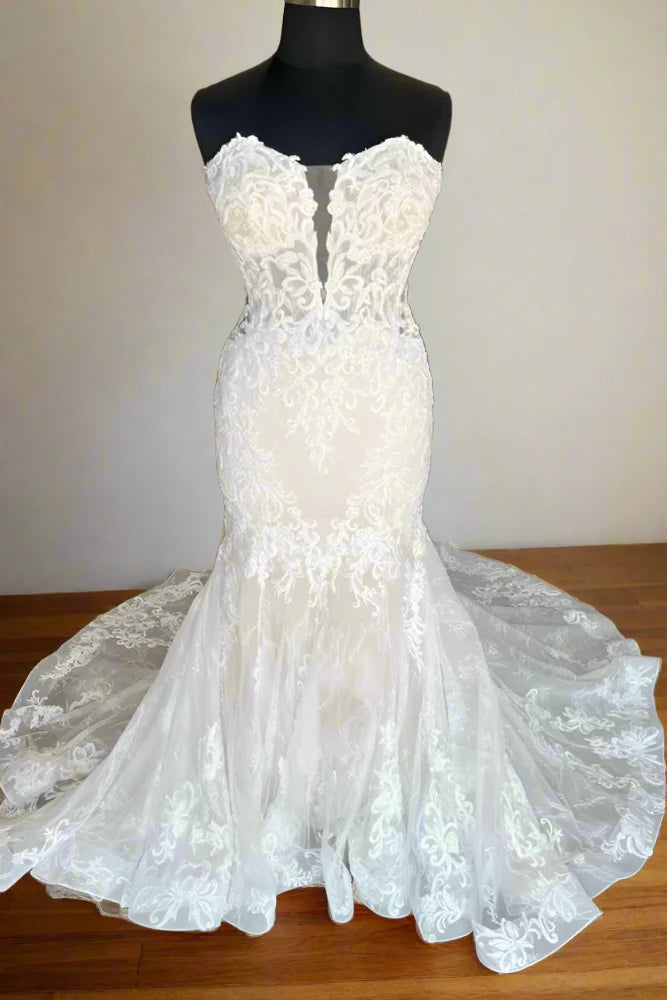 Fantastic Offers flowy dressElegant Sweetheart Strapless Sheer Lace Appliques With Train Wedding Dress Fantastic Offers flowy dressElegant Sweetheart Strapless Sheer Lace Appliques With Train Wedding Dress