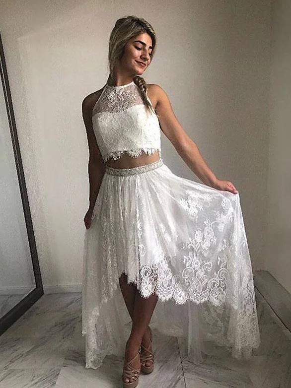 Take Advantage Two Piece Prom Dresses Aline Halter Lace Open Back Simple High-low Prom Dress JKL1579