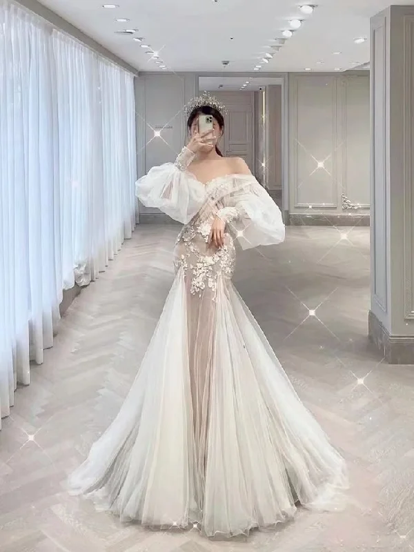 Final Markdown floral midi dressPopular Mermaid Lace Wedding Dresses, Bubble Sleeve Newest Bridal Gowns, Elegant Wedding Dresses Y4484