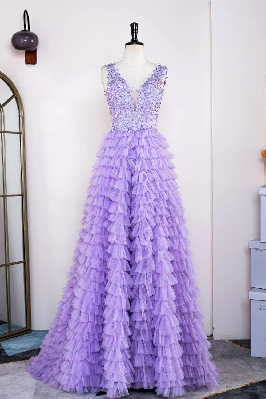 Limited Availability backless dressLavender Plunging V Neck Layers Appliques Long Prom Dress with Slit