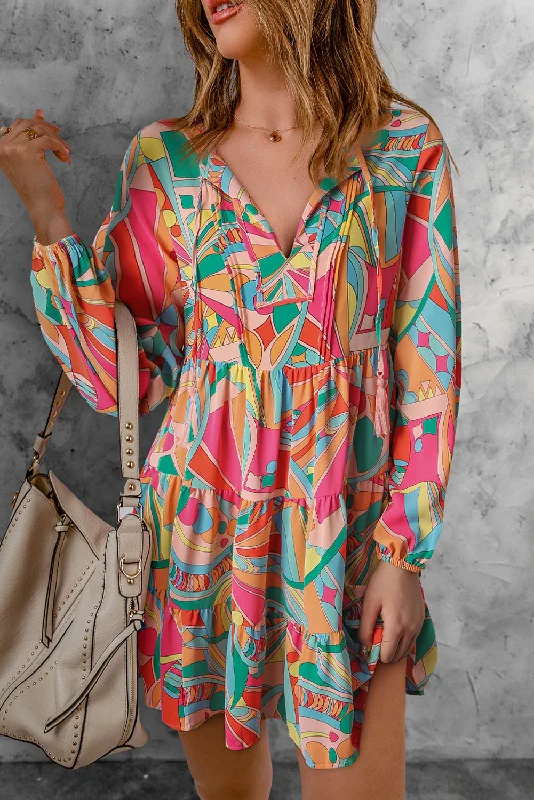 Online Only Multicolor Geometric Print Split Neck Ruffle Tiered Mini Dress
