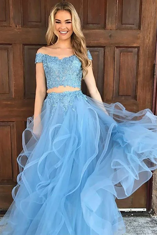 Quick Sale A Line Blue Lace Off the Shoulder Tulle Ruffled Beaded Two Piece Prom Dresses GJS266