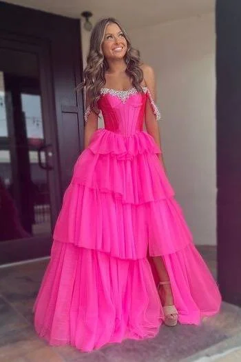 Weekend Flash Sale shift dressSweetheart Off-Shoulder Tulle A-Line Beaded Tiered Prom Dress