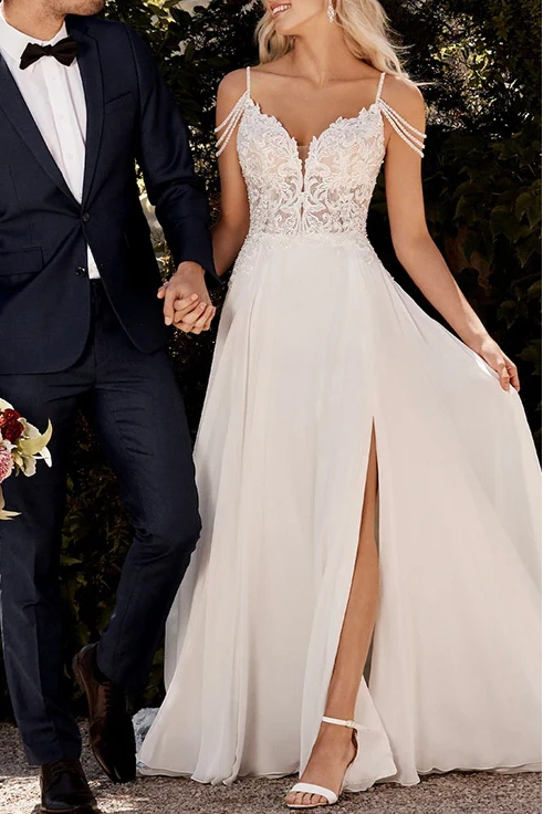 Lowest Prices stylish dressA-Line V-Neck Spaghetti Straps Appliques Wedding Dress