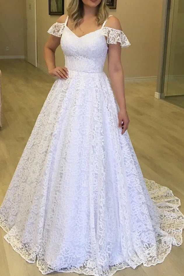 Deal Explosion casual slip dressV-Neck Off-Shoulder A-Line Long Lace Wedding Dress