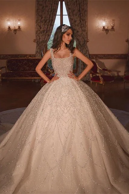 Grand Opening Sale Sparkle Luxurious Ball Gown Square Neck Tulle Long Train Wedding Dress