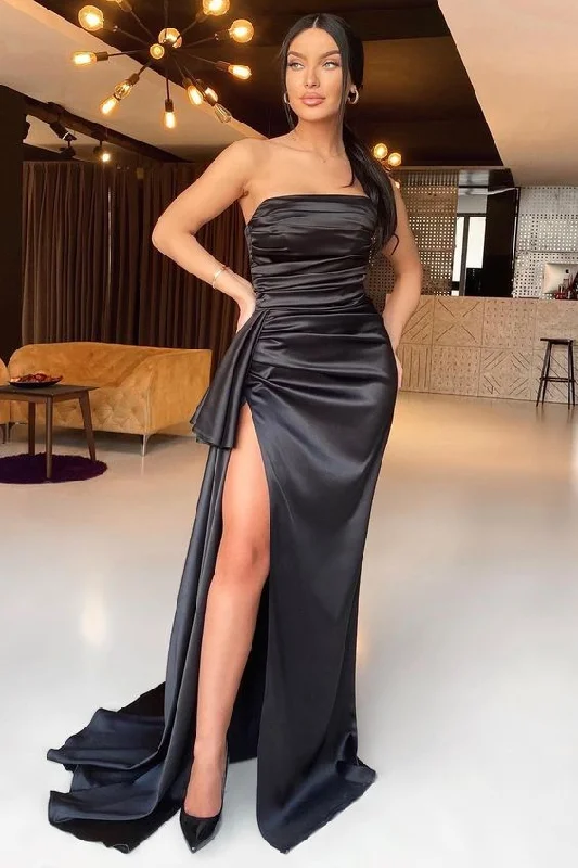 Seasonal Sale long sleeve dressBlack Mermaid Strapless Evening Dress With Split Y70