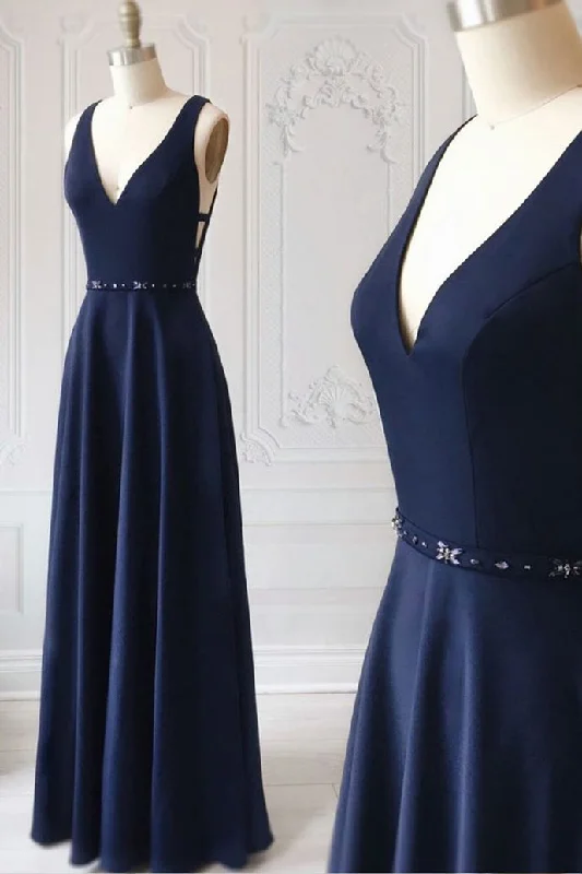 Shop and Save Navy Blue V-neck Floor Length Simple Cute Long Prom Dresses