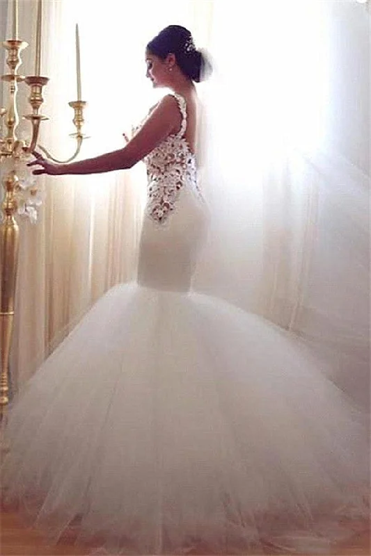 Closeout Lace Mermaid Tulle Bridal Gowns Open Back Sleeveless Modern Bridal Gowns Online
